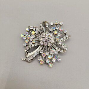 AB Rhinestone Floral Brooch Bow Vintage Silver Tone Setting